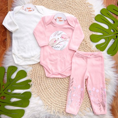  CONJ. DE MALHA 3 PEÇAS - Passarinhos - Rose e Off White